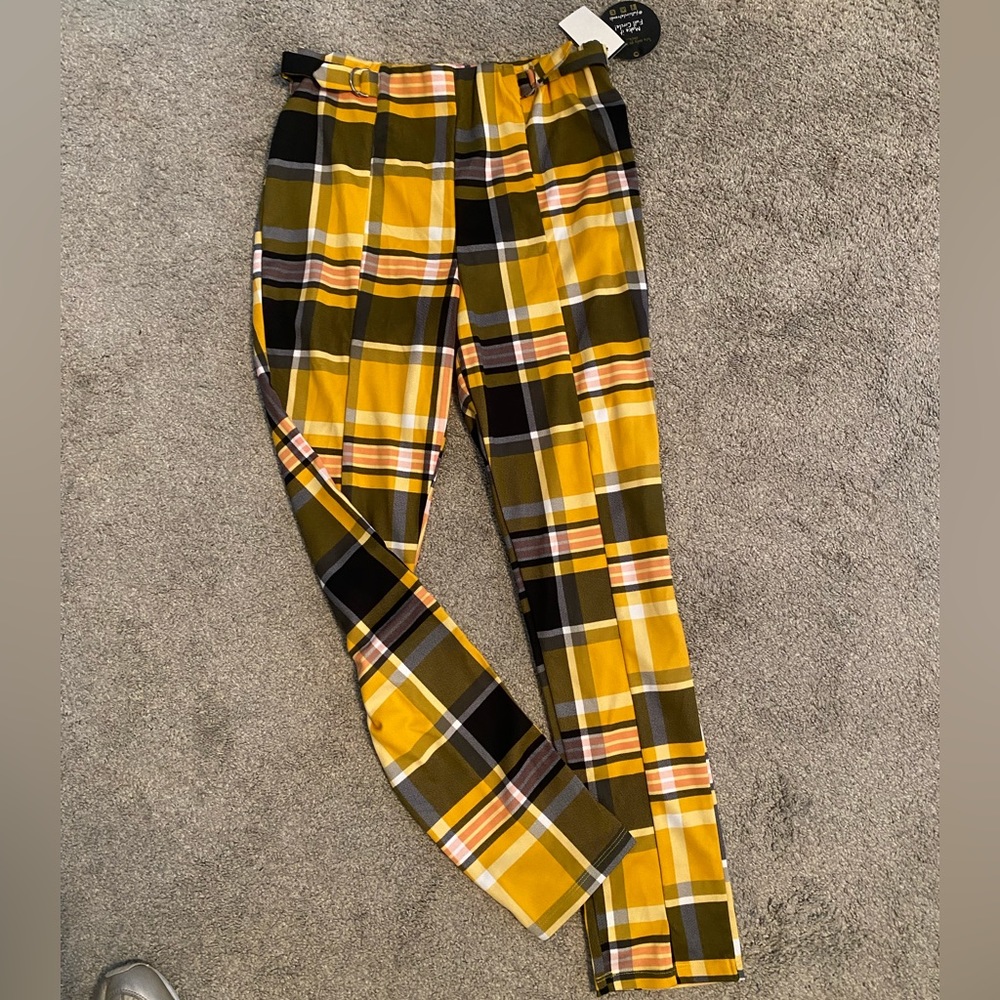 Black, yellow, white pink plaid, high waisted pants size L NEW with tags.